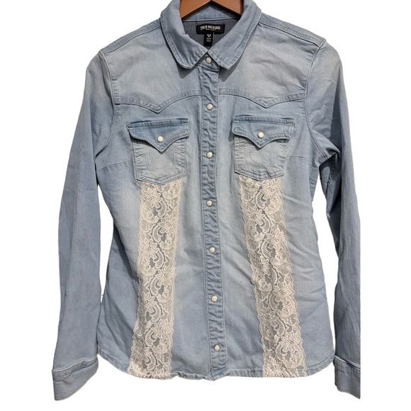 True Religion Light Blue Denim Western Shirt with Lace Accents M - Picture 2 of 5